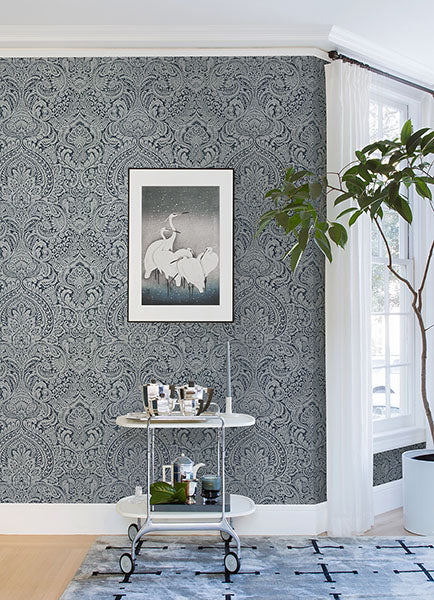 Artemis Sapphire Floral Damask Wallpaper from the Lustre Collection