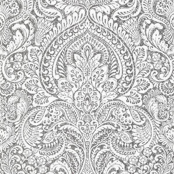 Artemis Platinum Floral Damask Wallpaper from the Lustre Collection