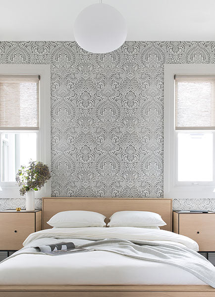 Artemis Platinum Floral Damask Wallpaper from the Lustre Collection