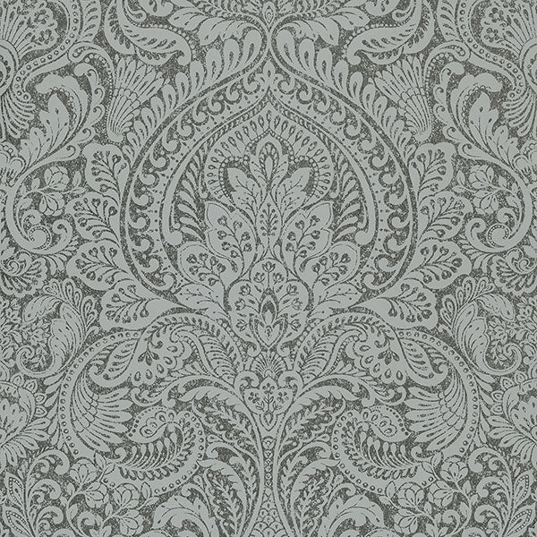 Artemis Pewter Floral Damask Wallpaper from the Lustre Collection