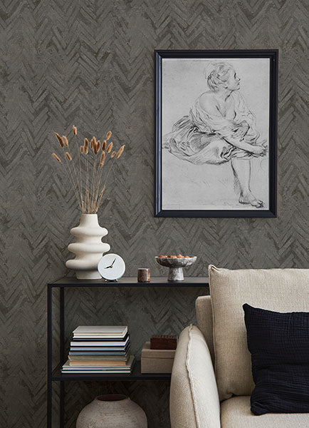 Amesemi Dark Grey Distressed Herringbone Wallpaper from Lumina Collection