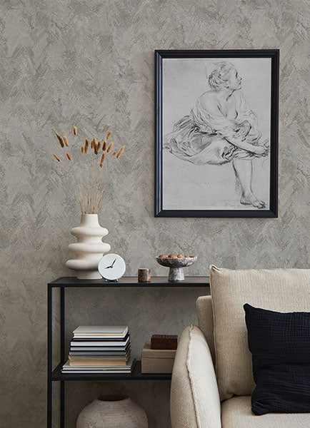 Amesemi Grey Distressed Herringbone Wallpaper from Lumina Collection