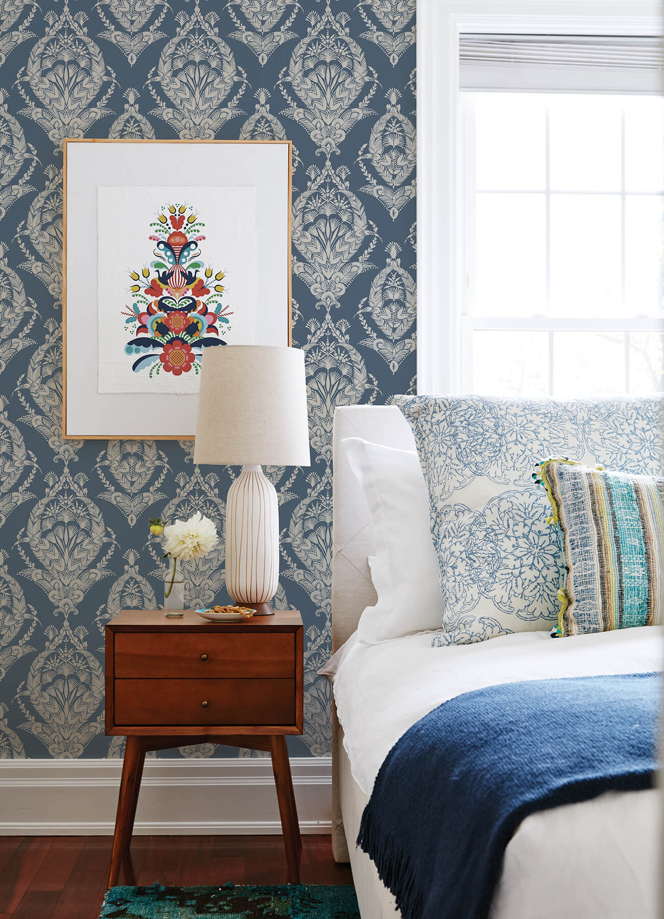 Arlie Indigo Botanical Damask Wallpaper