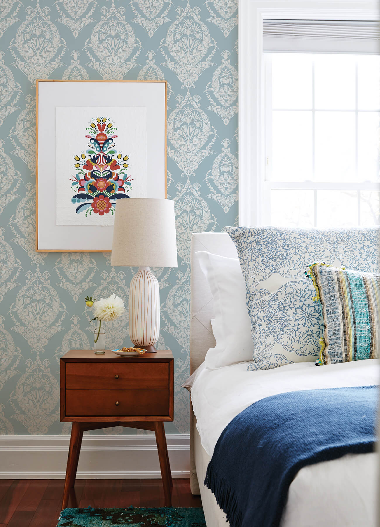 Arlie Light Blue Botanical Damask Wallpaper