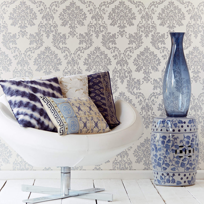 Abstract Damask Exotic Wallpaper in Silver/Ivory