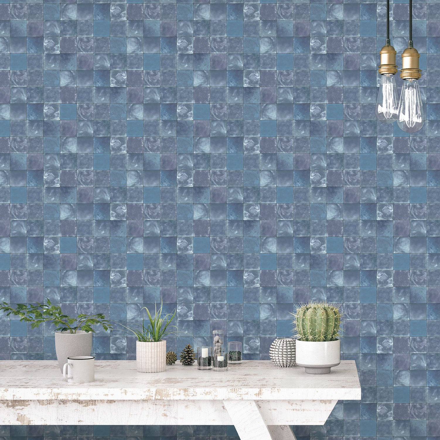 Aqua Tile Wallpaper in Navy from the Evergreen Collection