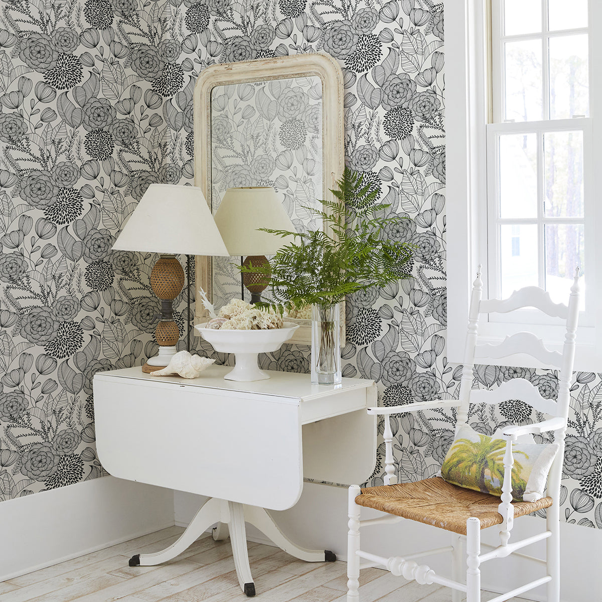 Alannah Botanical Wallpaper in Black from the Bluebell Collection