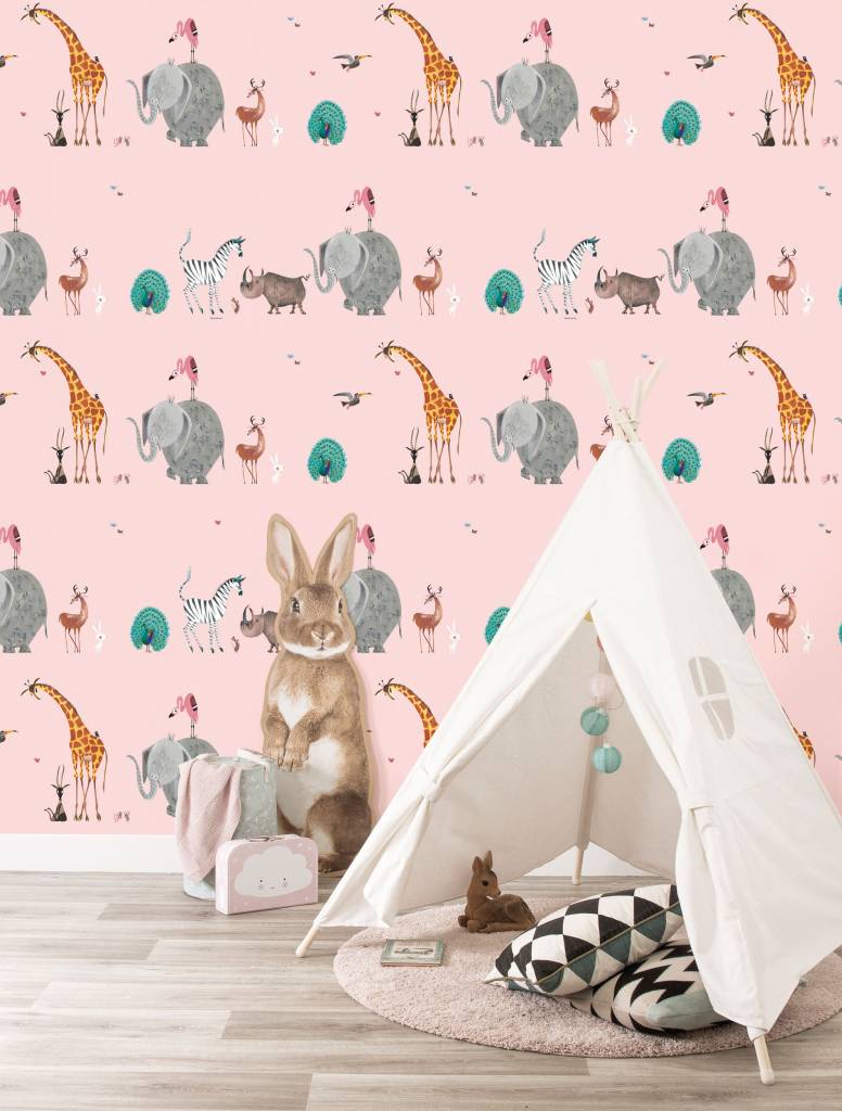 Animal Mix Kids Wallpaper in Pink by KEK Amsterdam