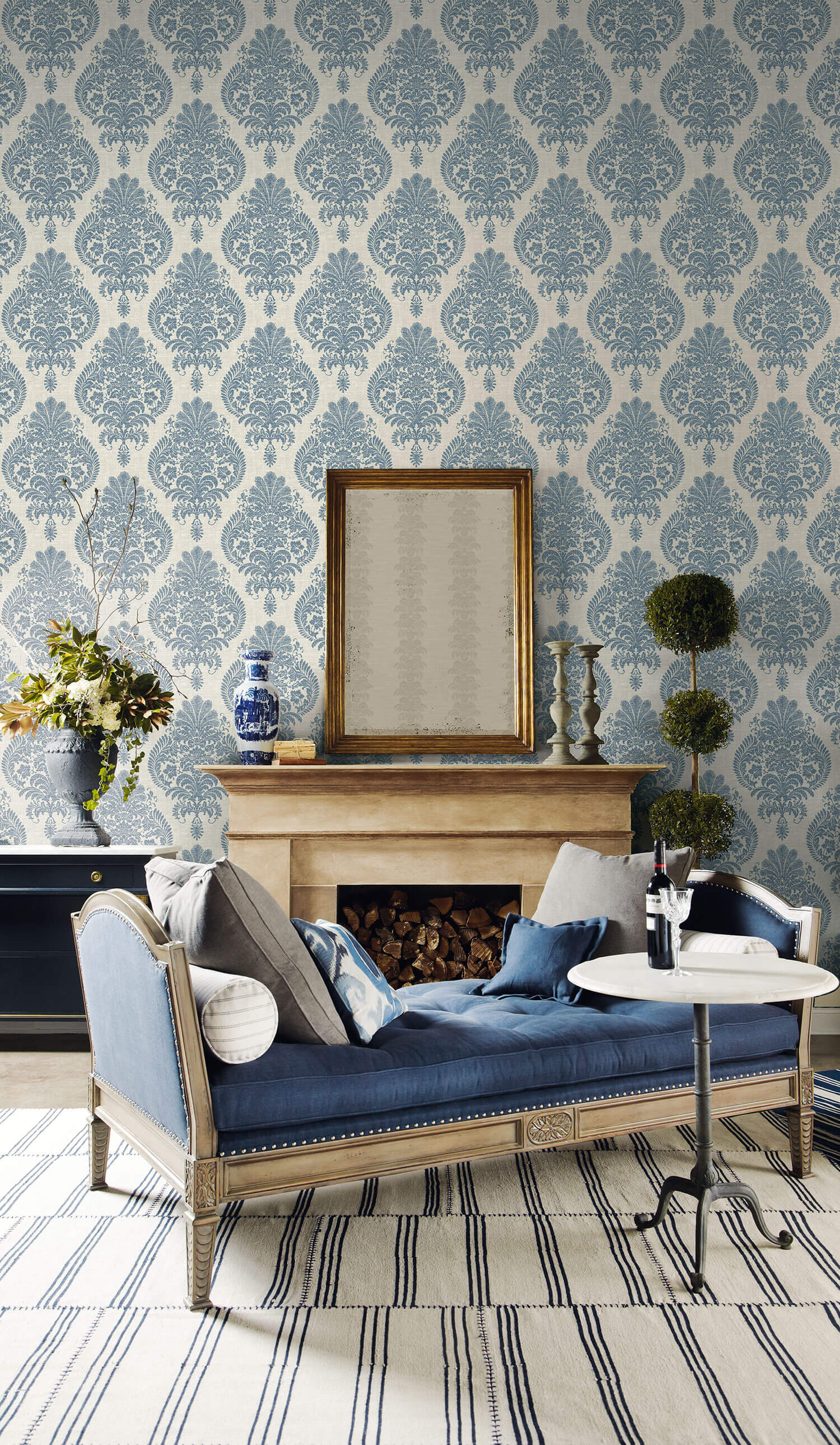 Antigua Damask Wallpaper in Air Force Blue and Alabaster from the Luxe Retreat Collection