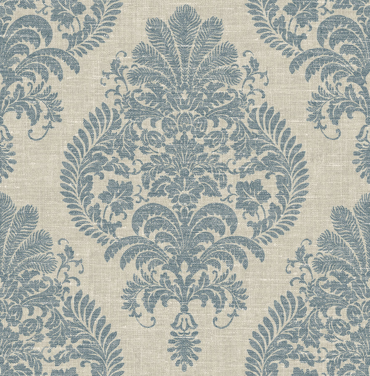 Antigua Damask Wallpaper in Air Force Blue and Alabaster from the Luxe Retreat Collection