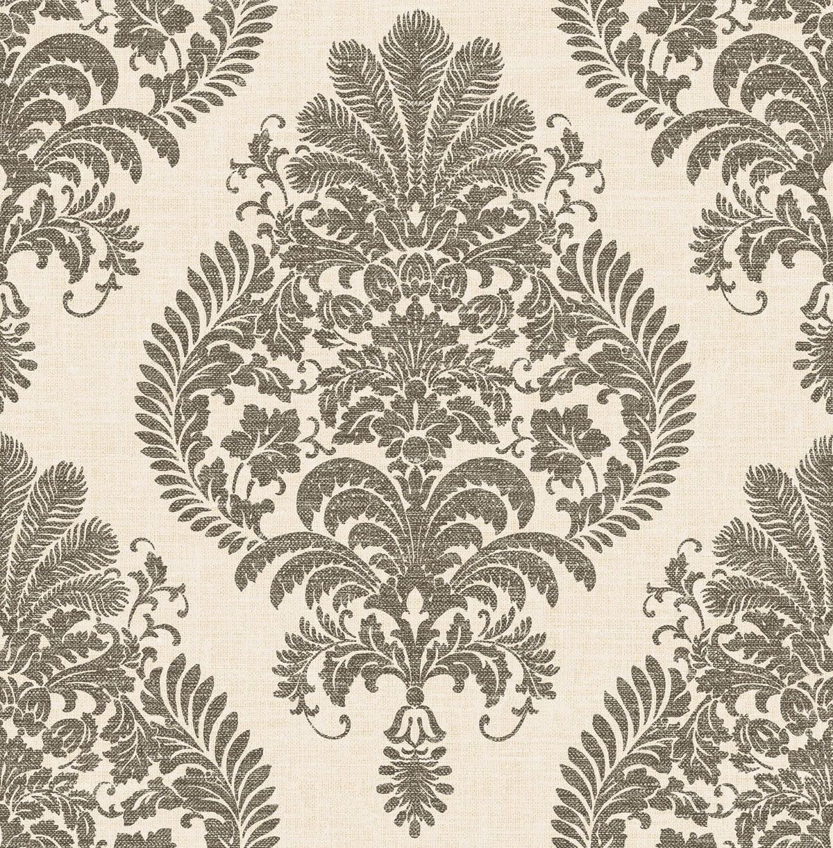 Antigua Damask Wallpaper in Charcoal and Ivory from the Luxe Retreat Collection