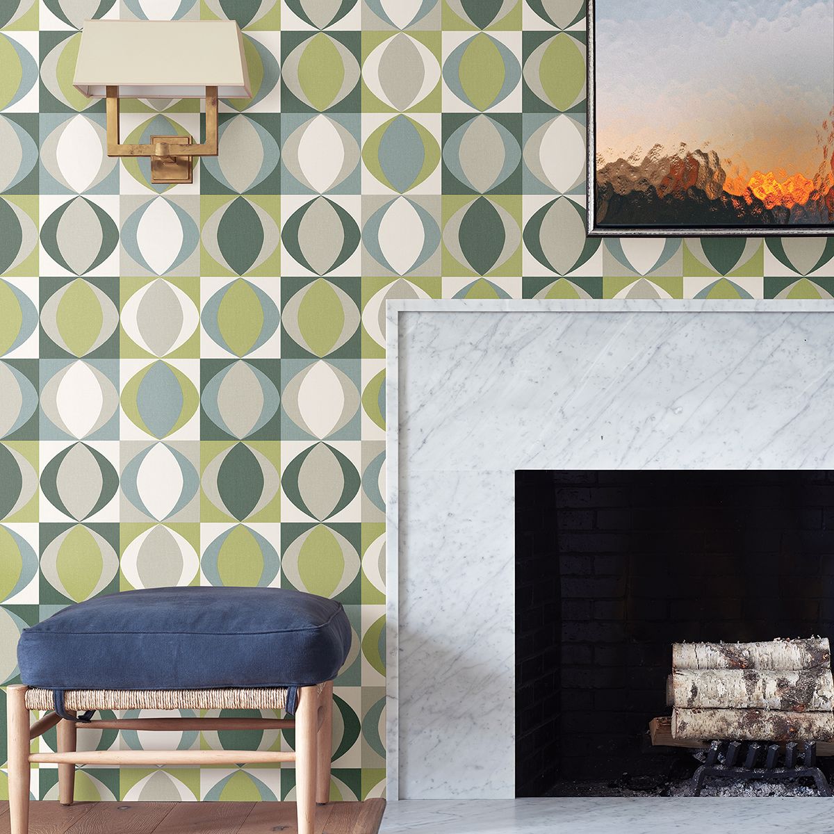 Archer Linen Geometric Wallpaper in Green from the Bluebell Collection