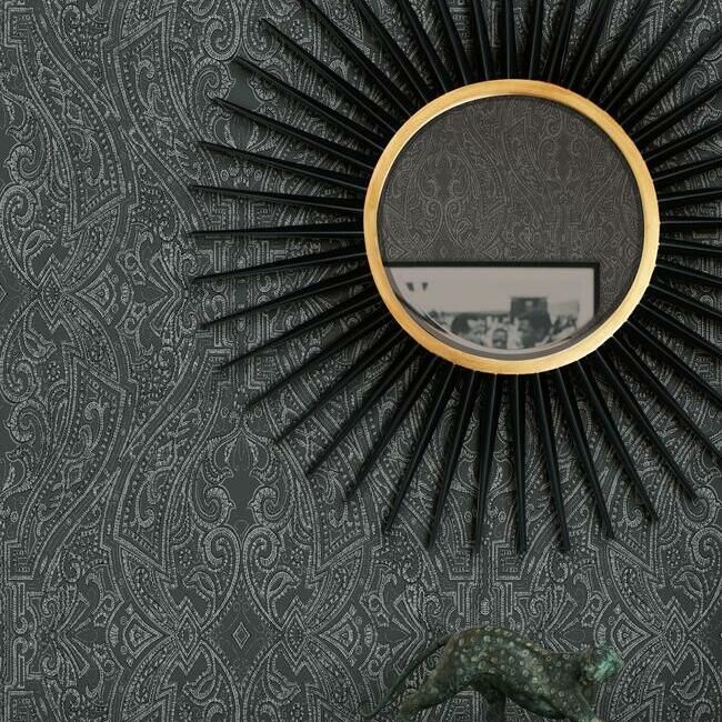 Ascot Damask Wallpaper in Black from the Traveler Collection by Ronald Redding