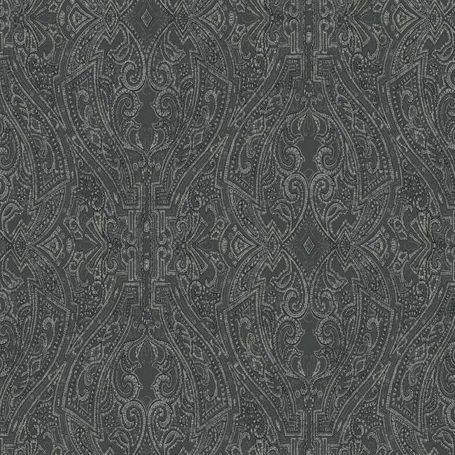 Ascot Damask Wallpaper in Black from the Traveler Collection by Ronald Redding