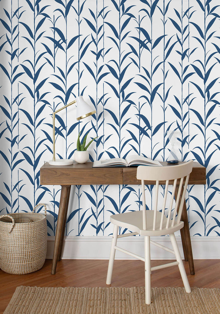 Bamboo Leaves Peel-and-Stick Wallpaper in Navy Blue and White by NextW