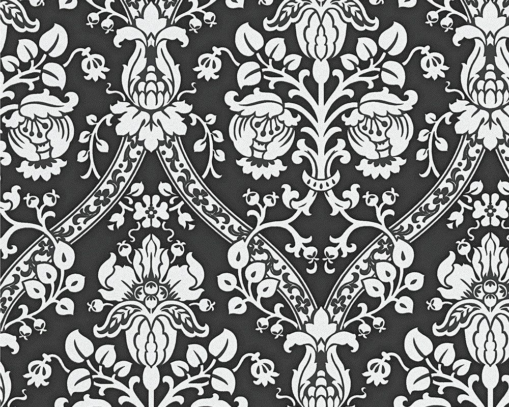 Classic Baroque Wallpaper  in Black  White  and Metallic 