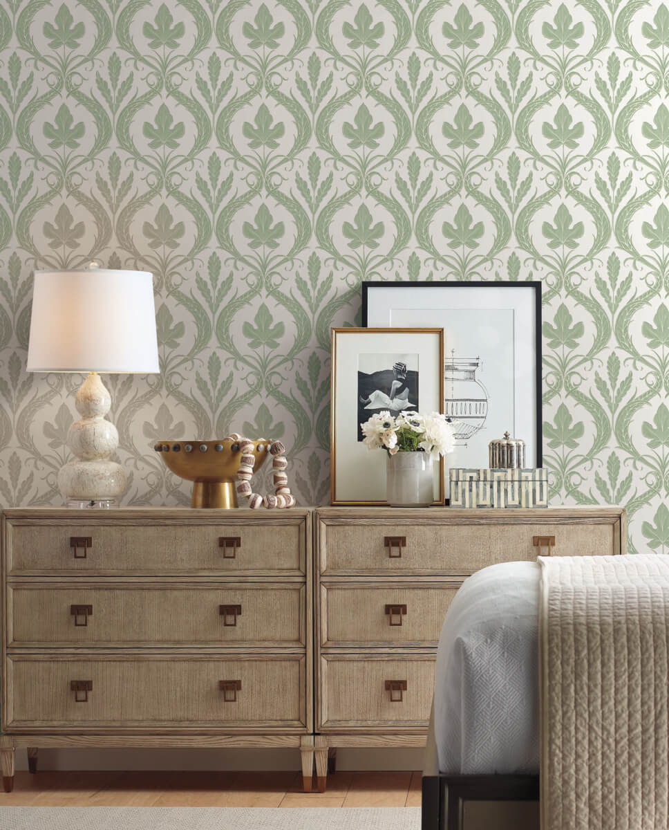 Adirondack Damask Wallpaper in Green/White from Damask Resource Library