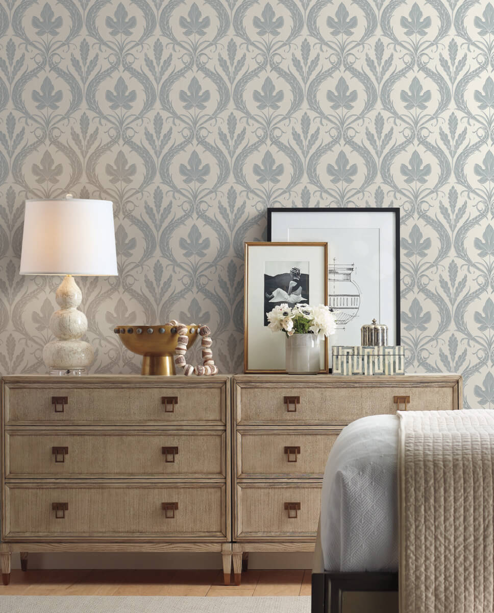 Adirondack Damask Wallpaper in Smoky Blue/Beige from Damask Resource Library