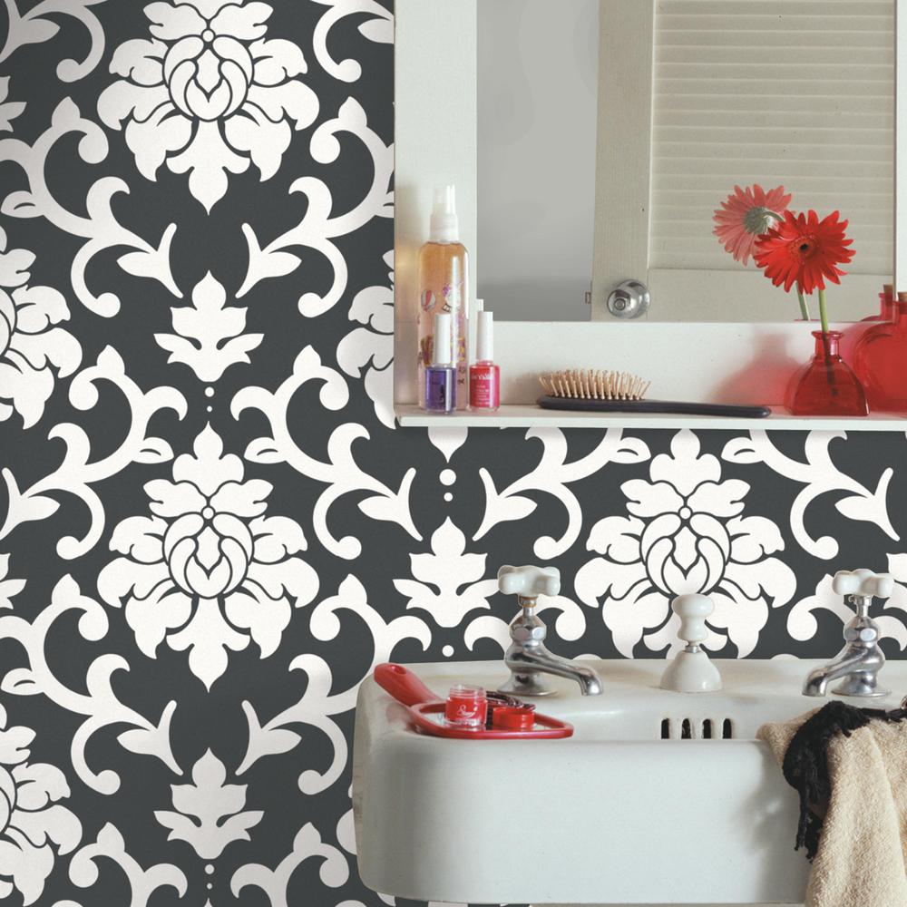 Damask Peel And Stick Wallpaper In Black By Roommates For York Wallcover Burke Decor