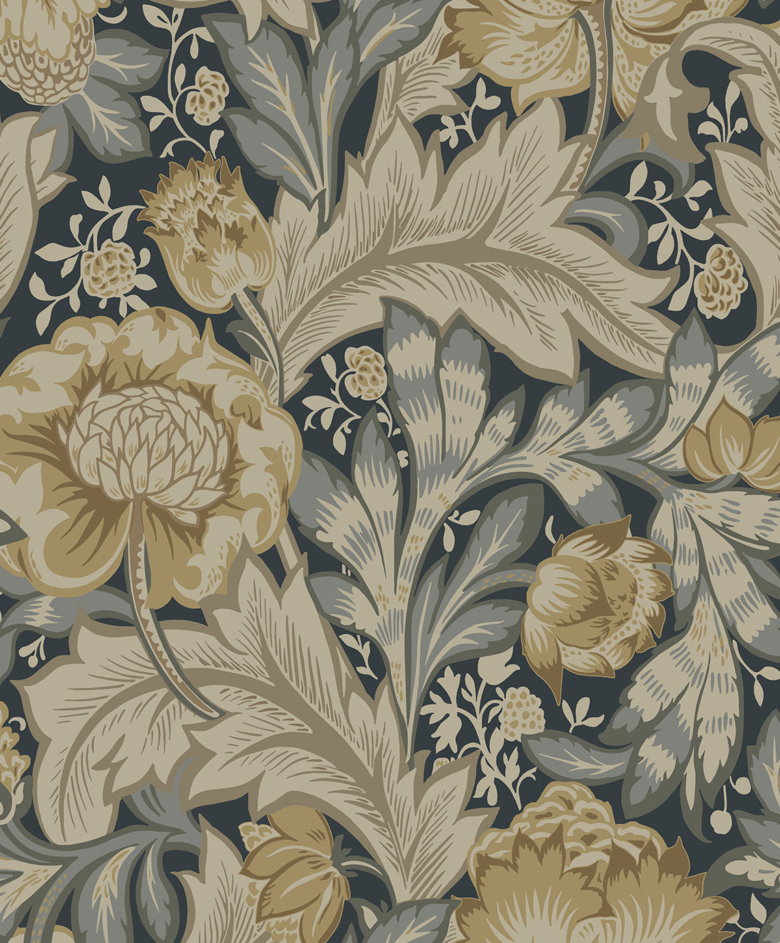 Acanthus Garden Wallpaper in Midnight Blue & Beige