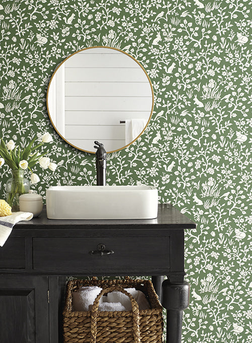 Fox & Hare Wallpaper in Forest Green from Magnolia Home Vol. 2 by Joanna Gaines