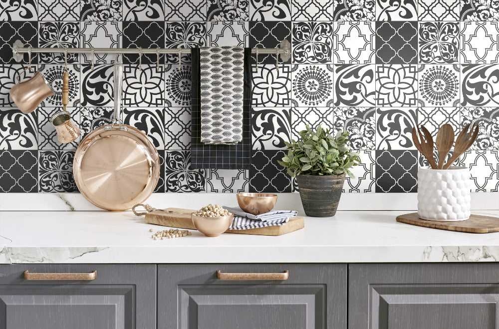 Graphic Tile Peel  and Stick  Wallpaper  in Black  and White 