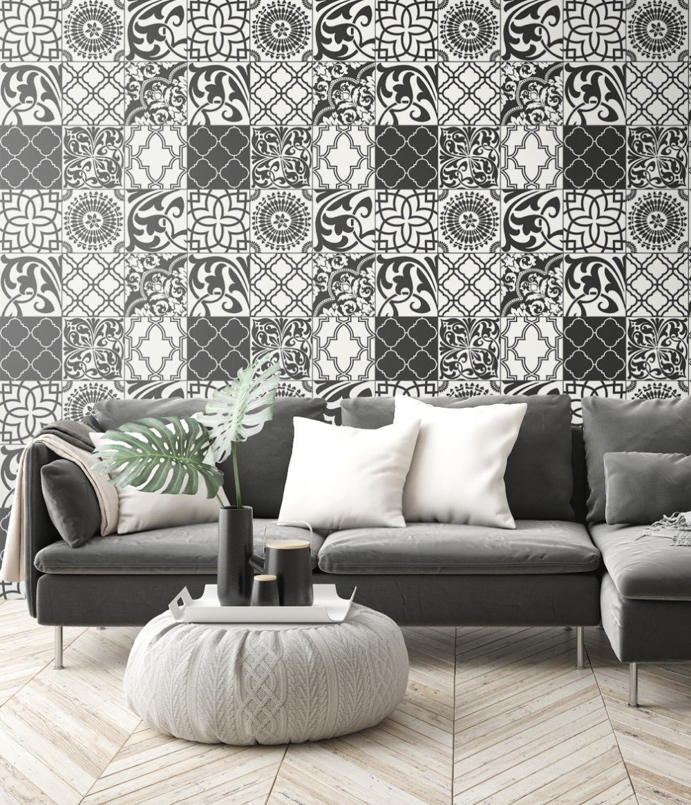 Graphic Tile Peel-and-Stick Wallpaper in Black and White by NextWall
