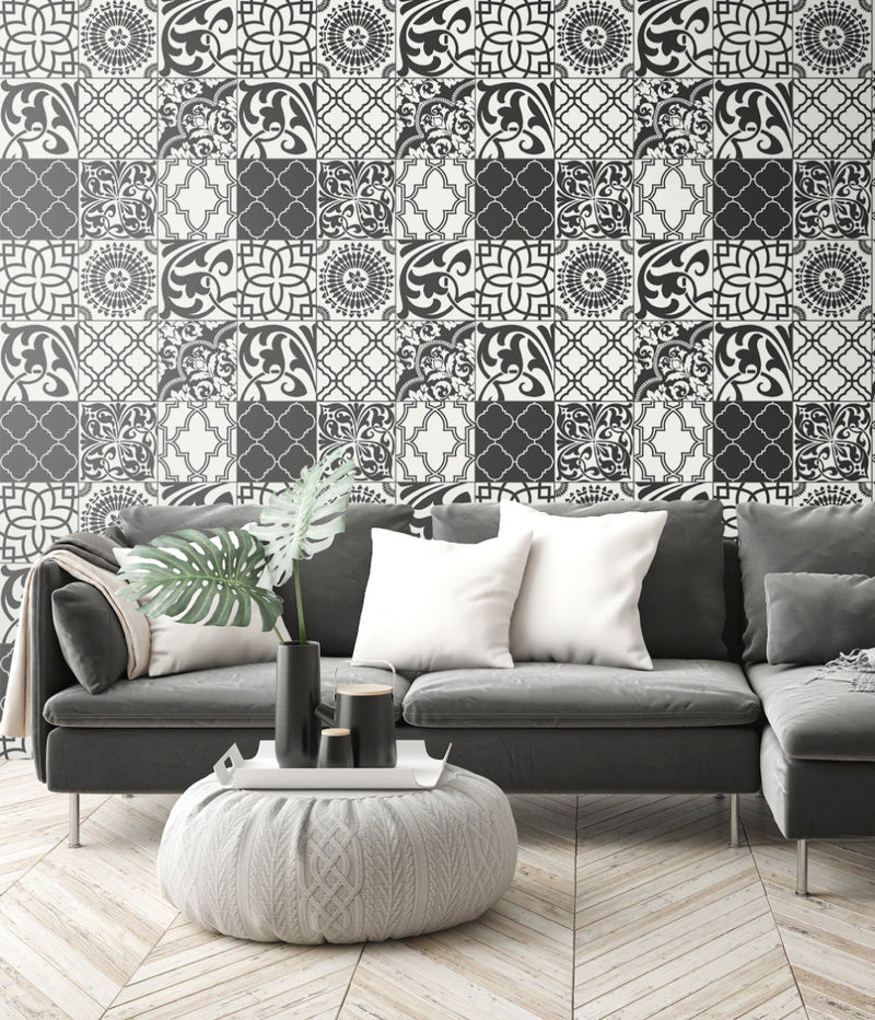 Shop Graphic Tile Peel-and-Stick Wallpaper in Black and White | Burke Decor