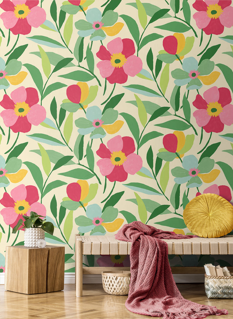 Shop Garden Block Floral Peel-and-Stick Wallpaper in Pink & Kelly Green