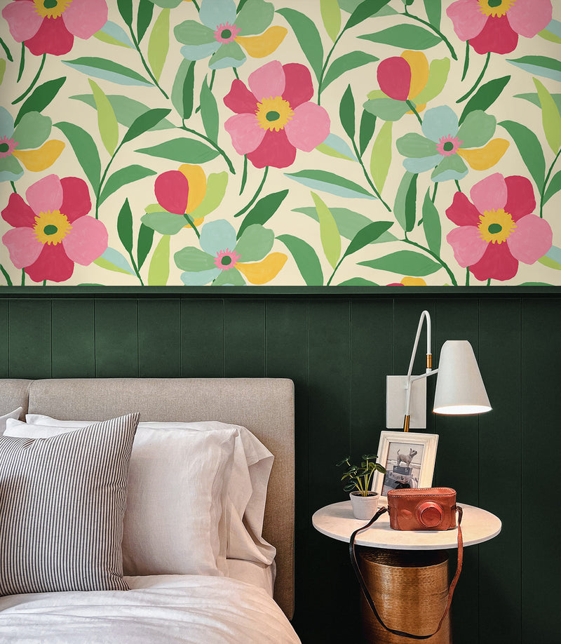 Shop Garden Block Floral Peel-and-Stick Wallpaper in Pink & Kelly Green