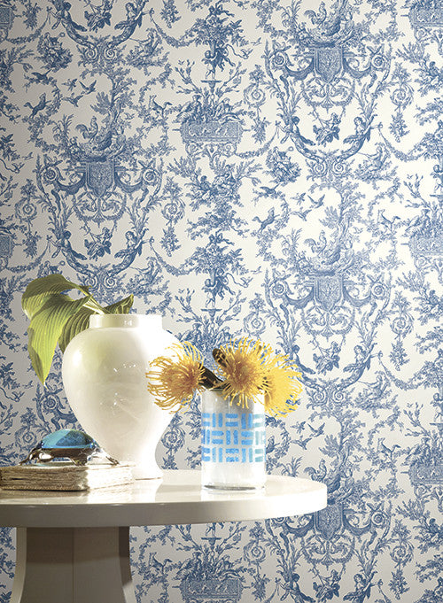 Old World Toile Wallpaper in Blue by Ashford House for York Wallcoveri
