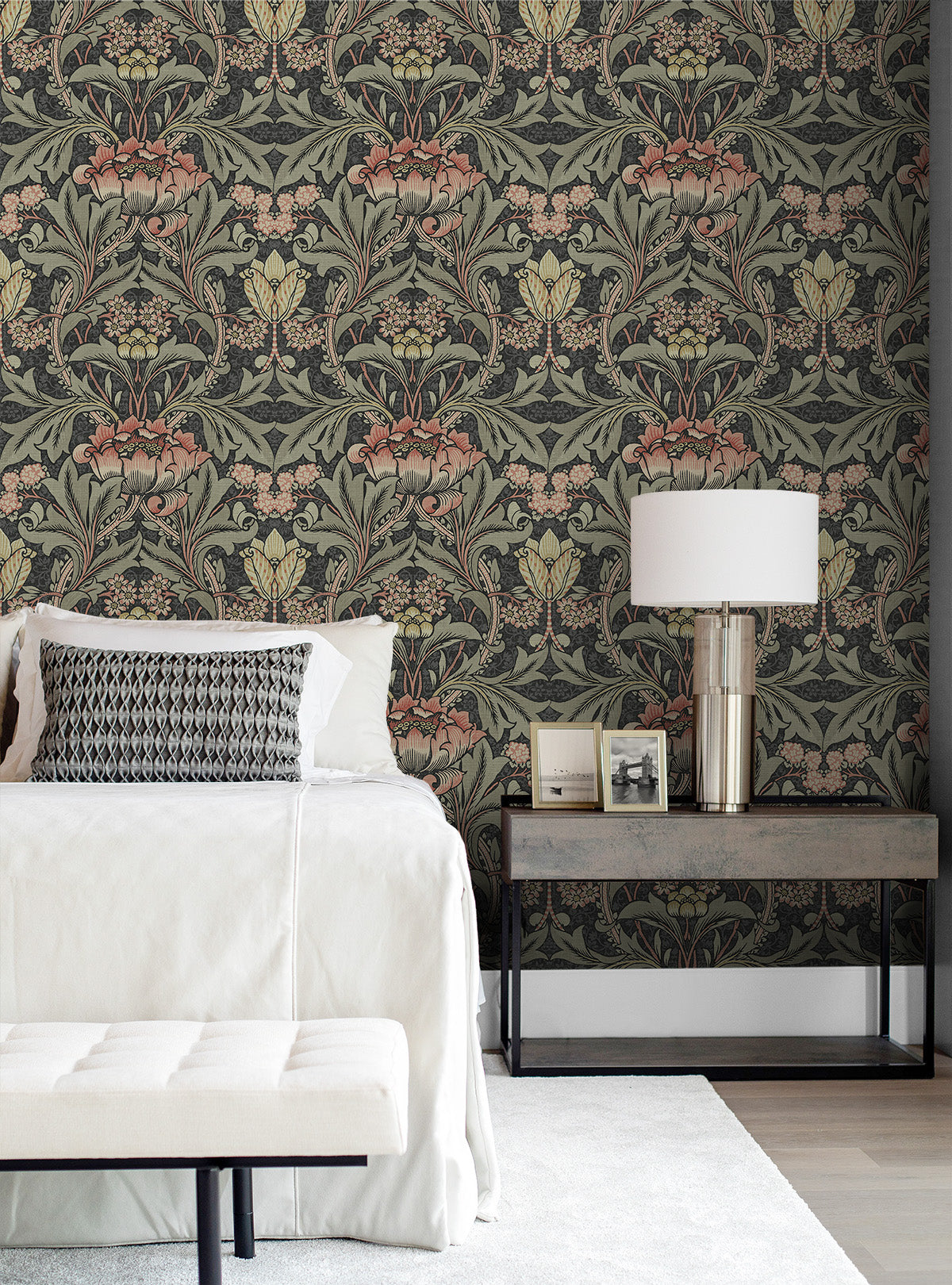 Acanthus Floral Prepasted Wallpaper in Charcoal & Rosewood