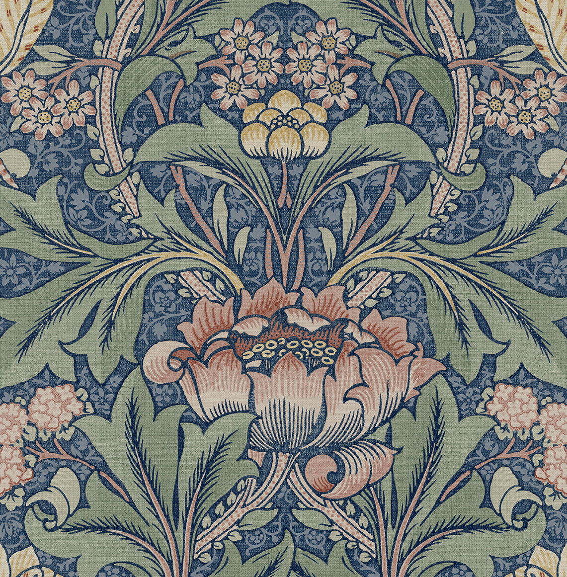 Acanthus Floral Prepasted Wallpaper in Denim Blue & Salmon