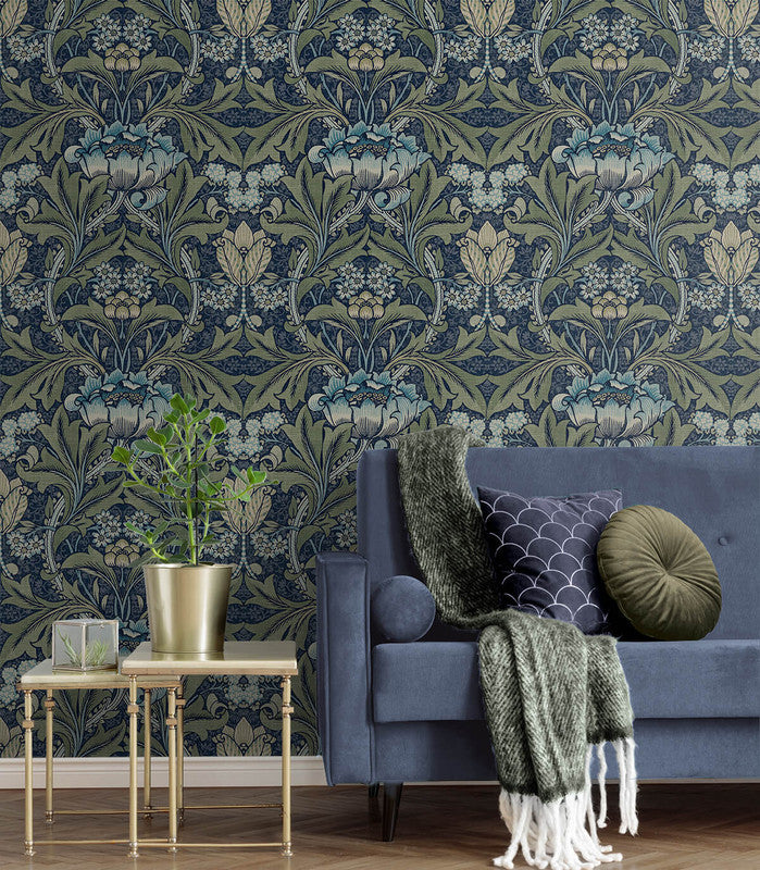 Acanthus Floral Prepasted Wallpaper in Denim & Sage