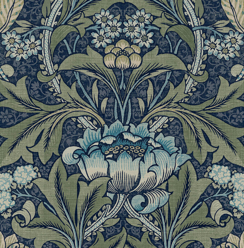 Acanthus Floral Prepasted Wallpaper in Denim & Sage