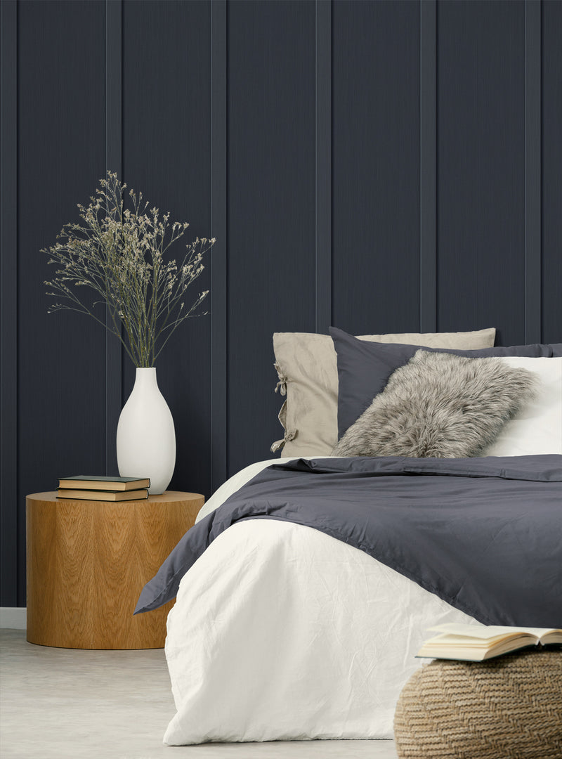 Shop Faux Board and Batten Prepasted Wallpaper in Dark Blue | Burke Decor