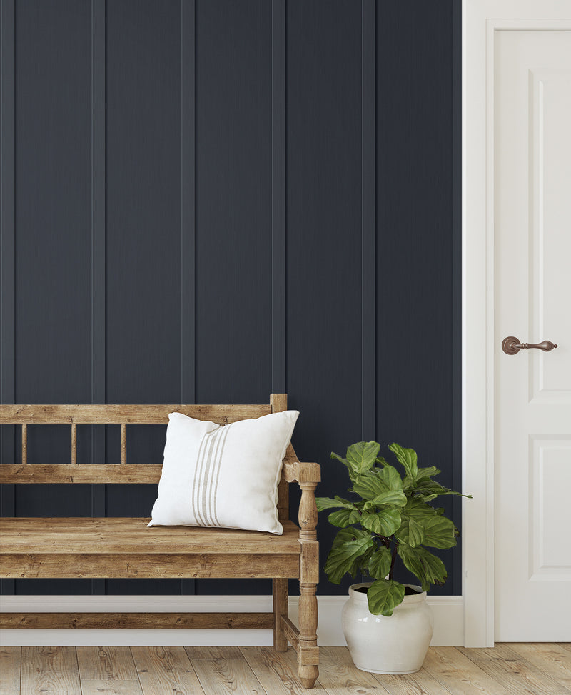 Shop Faux Board and Batten Prepasted Wallpaper in Dark Blue | Burke Decor