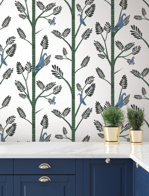 Aviary Branch Peel & Stick Wallpaper in Blue and Green from the Risky Business III Collection