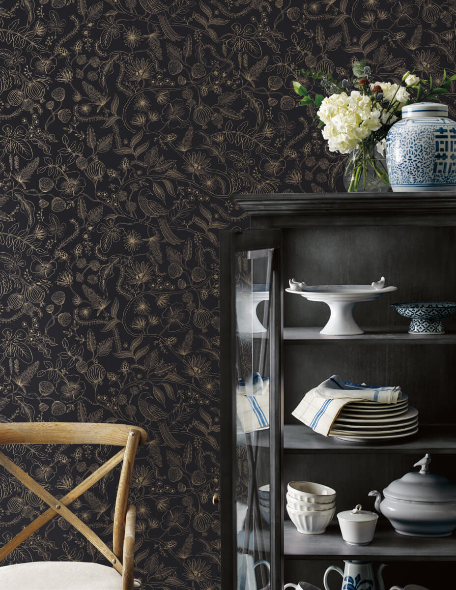 Aviary Peel & Stick Wallpaper in Black/Gold