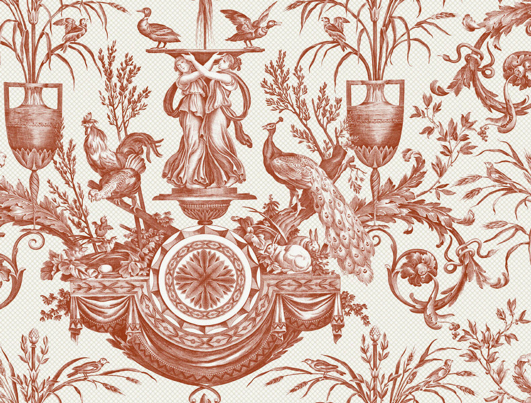 Avian Fountain Toile Wallpaper in Brick