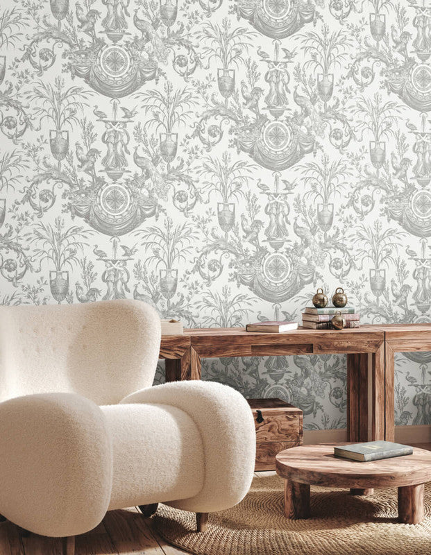 Avian Fountain Toile Wallpaper in Grey