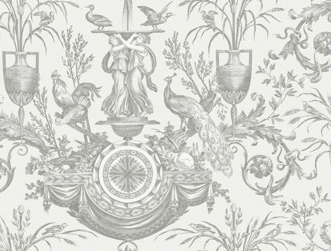 Avian Fountain Toile Wallpaper in Grey