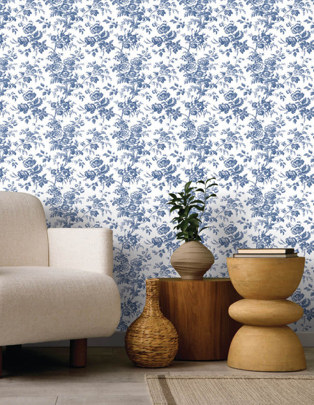 Anemone Toile Wallpaper in Navy