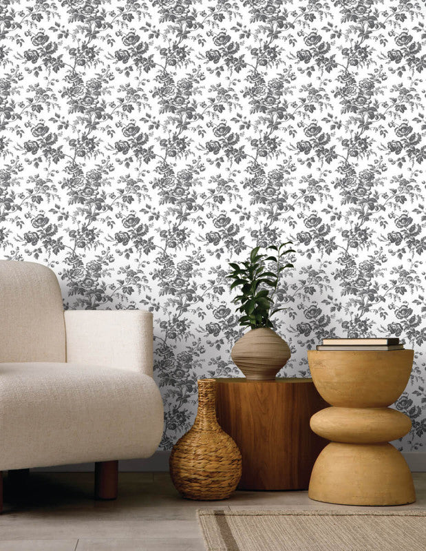 Anemone Toile Wallpaper in Black