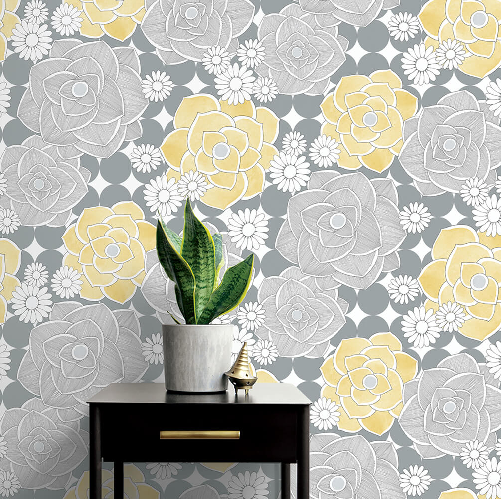 Retro Floral Peel-and-Stick Wallpaper in Yellow and Grey by NextWall ...