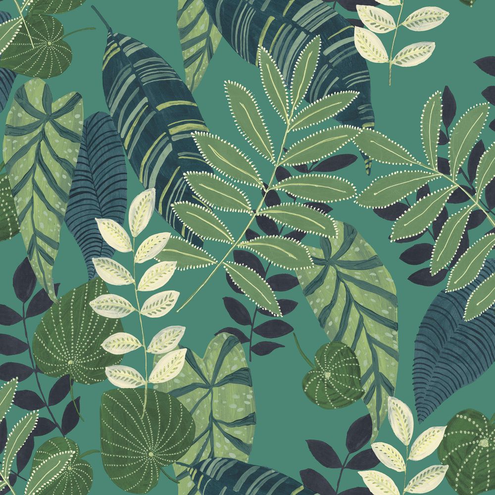 Tropicana Leaves Wallpaper in Jade, Rosemary, and Spruce from the Boho ...