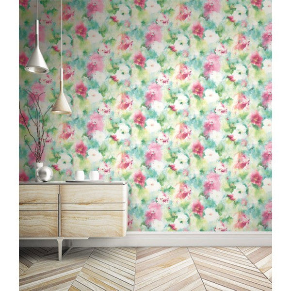 Watercolor Flowers Wallpaper In Greens And Pink From The L Atelier De Burke Decor