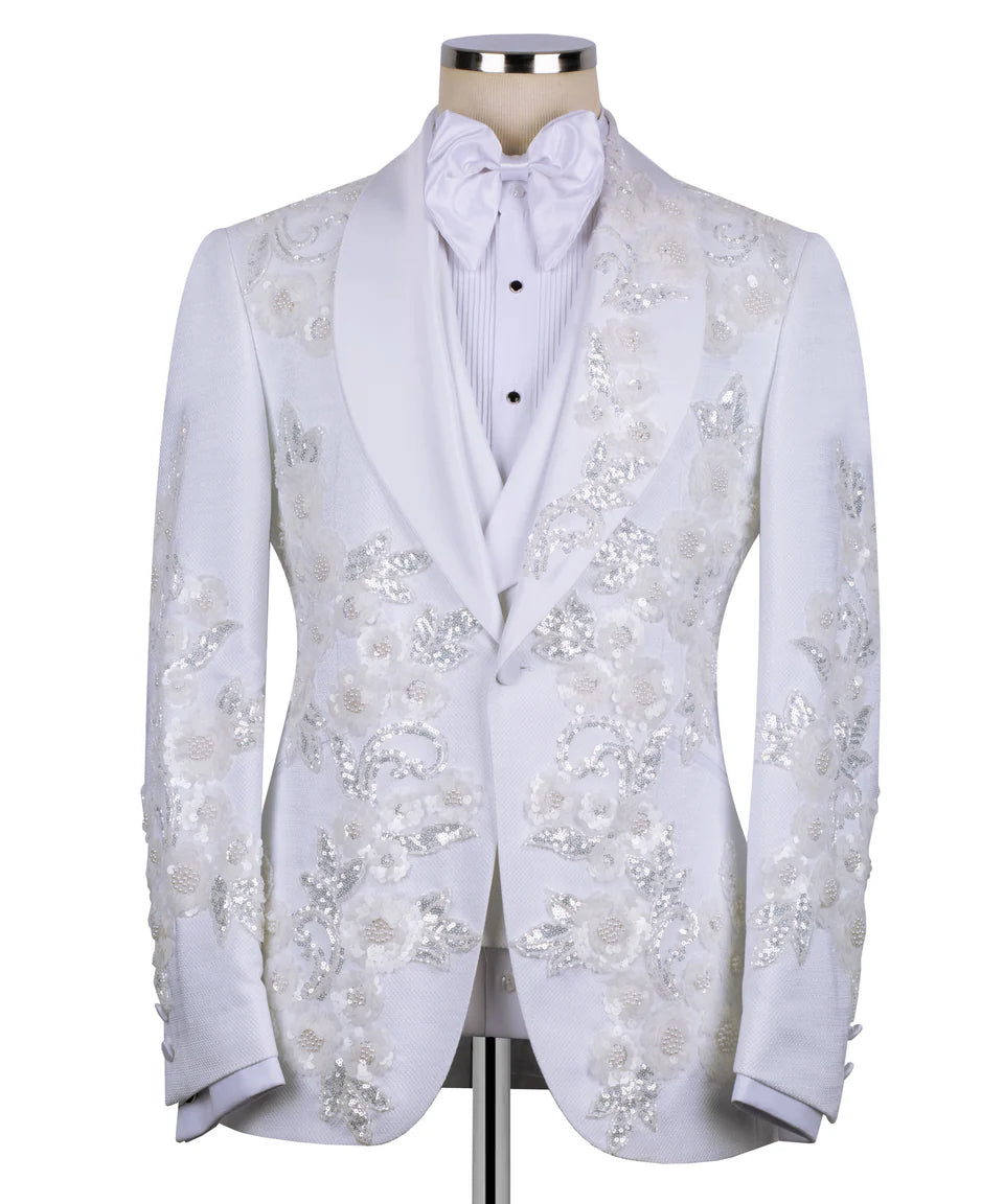 White Sequined Floral Embroidered Tuxedo