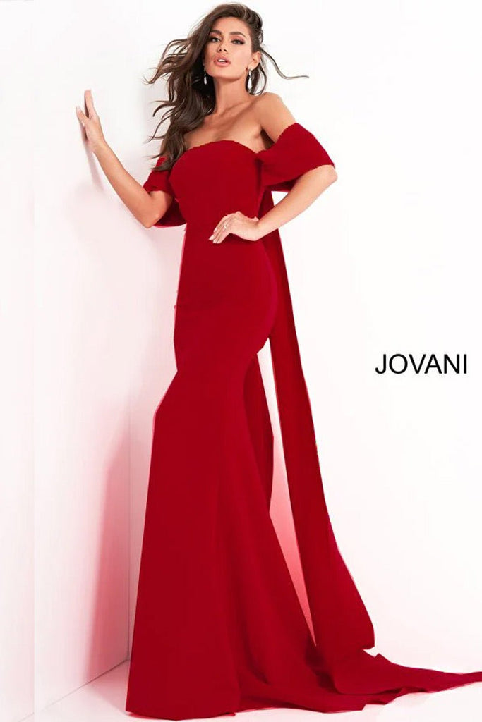 Jovani 39739  Red Three Quarter Sleeve Scuba Dress