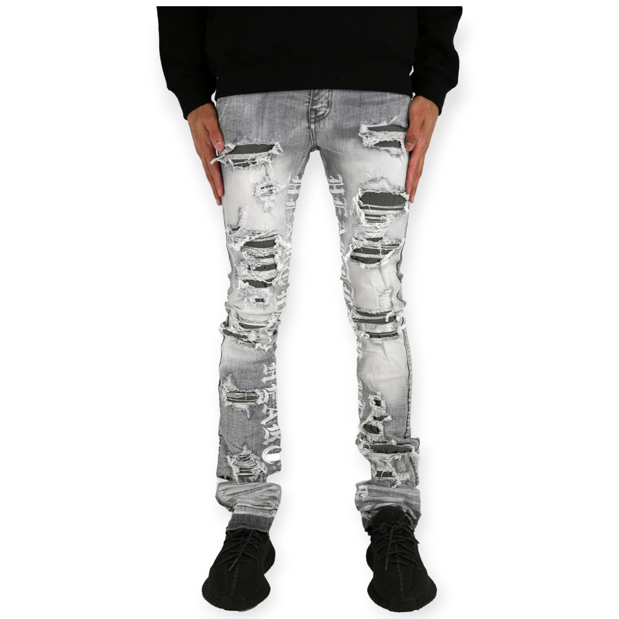 Focus Pants Men Heartless Stacked Denim Jeans (Light Grey)